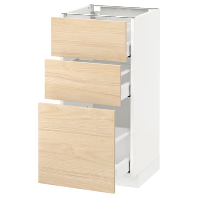 METOD Base cabinet with 3 drawers, white Maximera/Askersund light ash effect, 40x41x80 cm