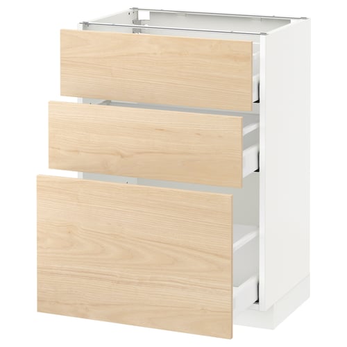 A white METOD kitchen cabinet with three light ash wood drawers.