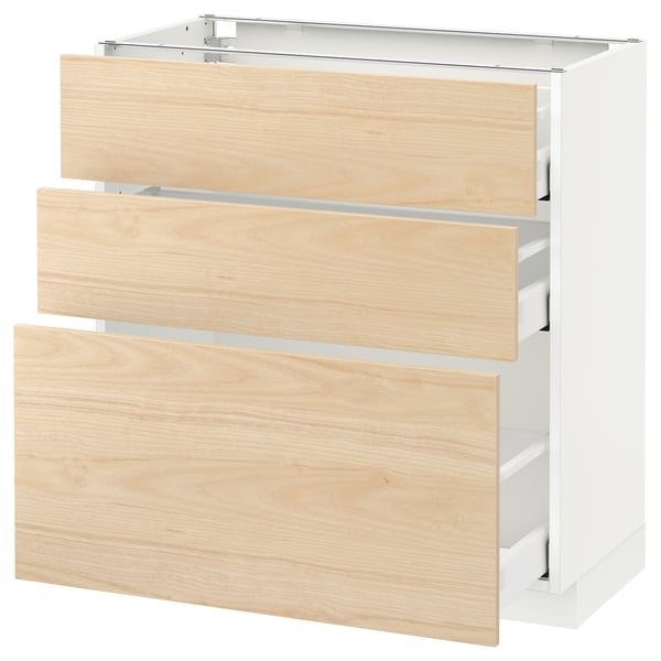 METOD Base cabinet with 3 drawers, white Maximera/Askersund light ash effect, 80x41x80 cm
