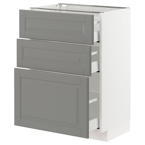 Modern kitchen cabinet with grey bodbyn fronts, featuring three drawers and a door, finished with bevelled edges.