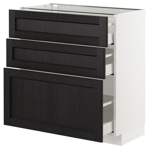 Black-stained METOD kitchen cabinet with wooden drawers and white frame.