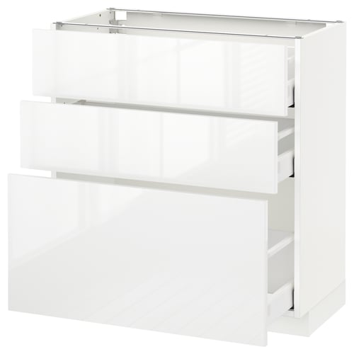 White high-gloss METOD kitchen cabinet with three drawers.