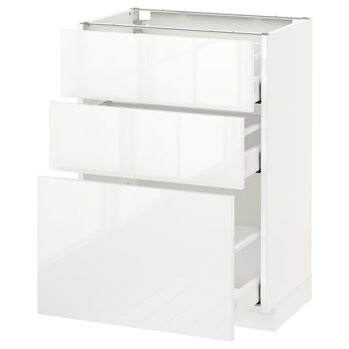 White modern kitchen cabinet with three glass drawers.