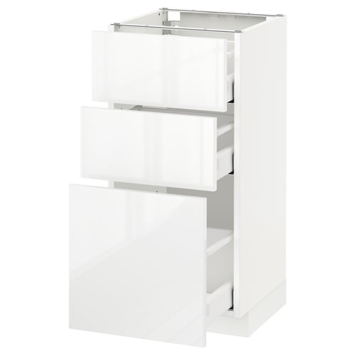 A high-gloss white kitchen cabinet with three drawers. It is sleek, modern, and has a sturdy frame.