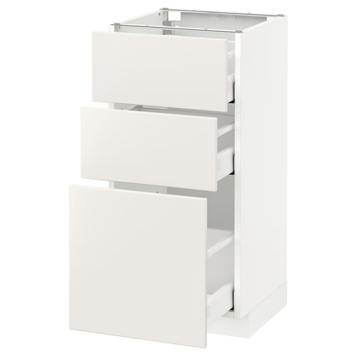 White METOD kitchen cabinet with 3 smooth drawers, glossy finish.