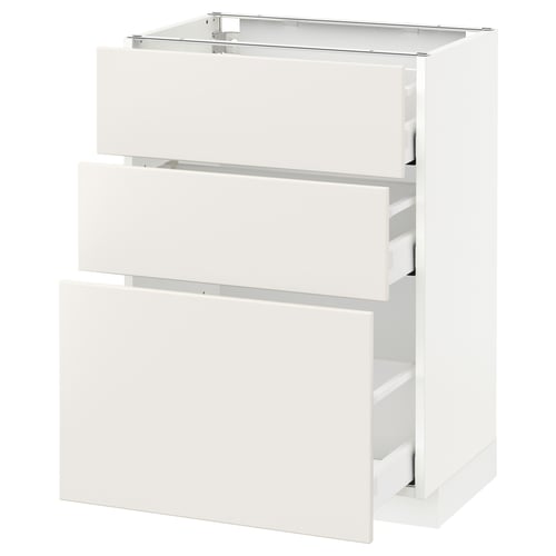 White METOD kitchen unit, three drawers, sleek modern design.