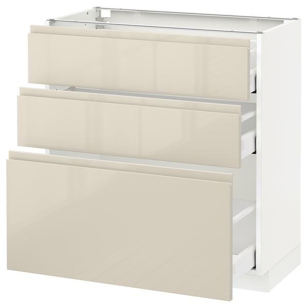 METOD Base cabinet with 3 drawers, white Maximera/Voxtorp high-gloss light beige, 80x41x80 cm