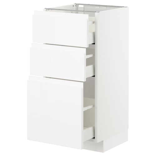 White METOD kitchen cabinet with three drawers and sleek, modern design.