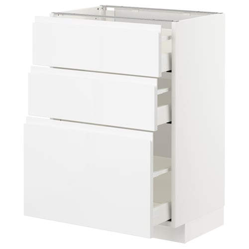 This image shows a white METOD kitchen cabinet with high gloss, smooth front panels and integrated handles, featuring three full-extension drawers.