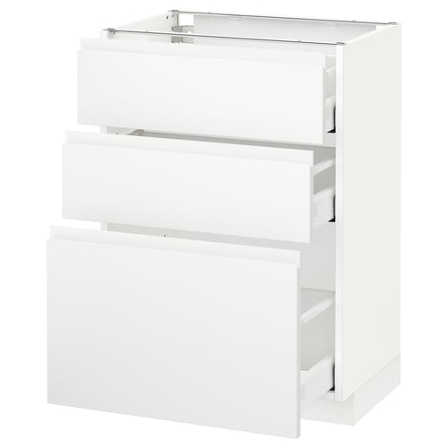 White METOD kitchen unit, sleek minimalist design, three drawers.