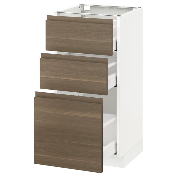 METOD Base cabinet with 3 drawers, white Maximera/Voxtorp walnut, 40x41x80 cm