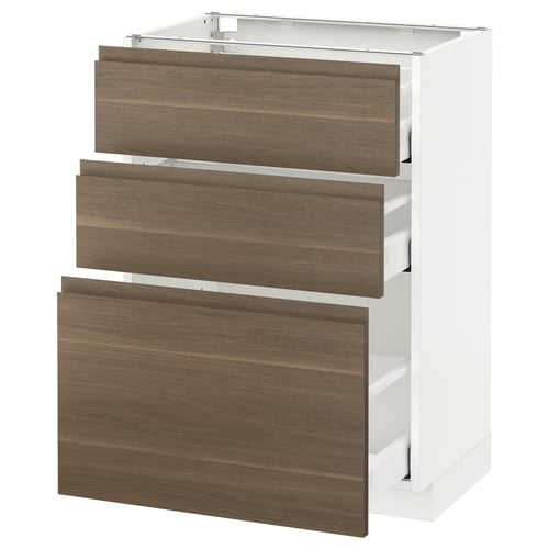 Modern white kitchen unit with dark walnut drawers and integrated handles.