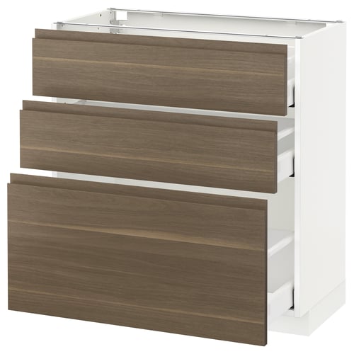 Modern METOD kitchen unit in dark walnut with three drawers.