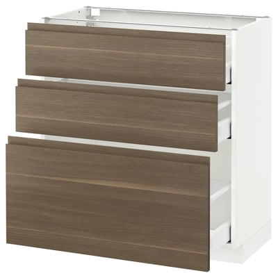METOD Base cabinet with 3 drawers, white Maximera/Voxtorp walnut, 80x41x80 cm
