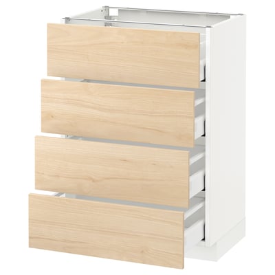 A white METOD kitchen cabinet with four light ash wooden drawers partially open.
