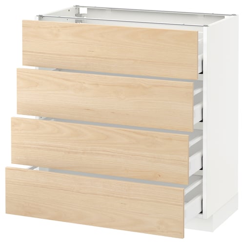 A white METOD kitchen cabinet with light ash wood drawers, featuring four medium-sized drawers.