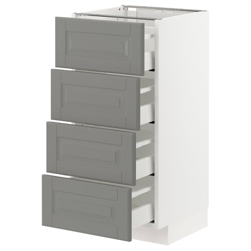 Modern grey kitchen unit with four drawers, sleek design, white frame, soft-close drawers.