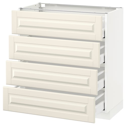 White METOD kitchen cabinets with bevelled off-white bodbyn drawers.