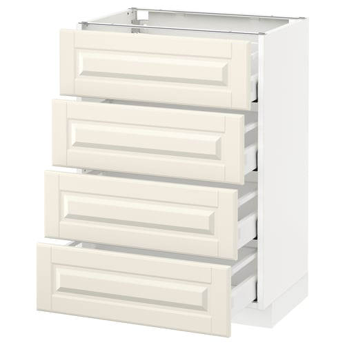 This image shows a white METOD cabinet with four bodbyn off-white drawers, featuring a traditional design with bevelled edges.