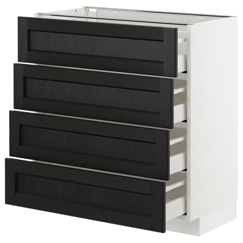 METOD kitchen unit, black-brown wooden drawers, white frame, four deep drawers with bevelled edges.
