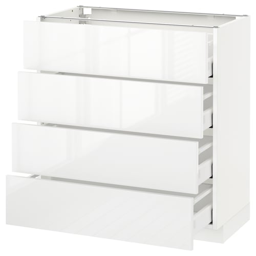 Modern white high-gloss kitchen unit with four drawers.