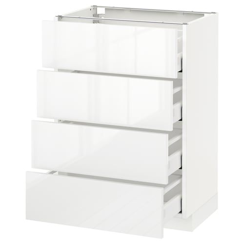 White high-gloss kitchen cabinet with four drawers.