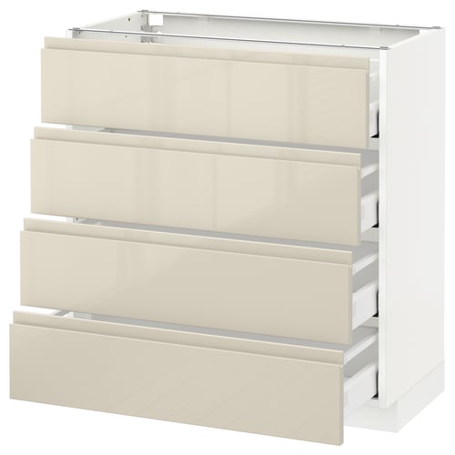 METOD kitchen cabinet with five glossy beige drawers, modern design, integrated handles.
