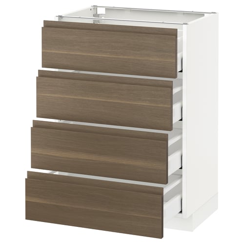 Modern white kitchen cabinet with four dark walnut drawers. Clean, minimalist design. Fully extendable drawers with soft-close feature.