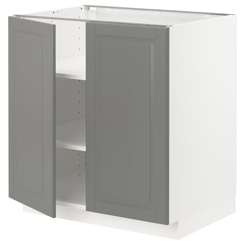 Grey METOD kitchen cabinet with open door, square shape, wooden material, bevelled edges.