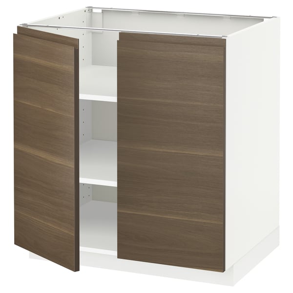 METOD Base cabinet with shelves/2 doors, white/Voxtorp walnut effect, 80x60x80 cm