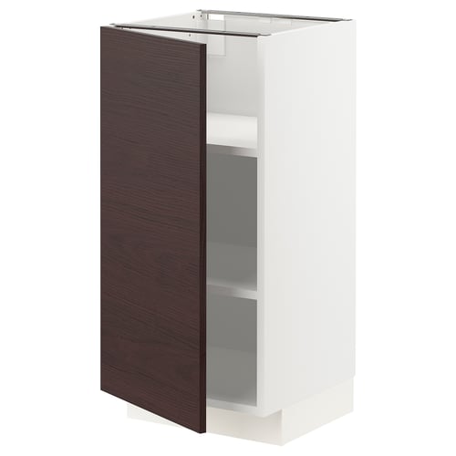 Modern kitchen cabinet. Dark brown door, white frame. Sturdy, square shape.