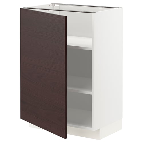 An open white kitchen cabinet with a dark brown wooden door. The cabinet has two shelves inside.