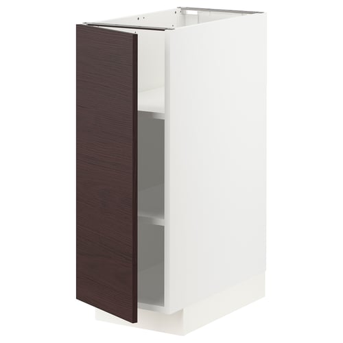 A white and dark brown ash-pattern kitchen cabinet with an adjustable shelf and a hinged door.