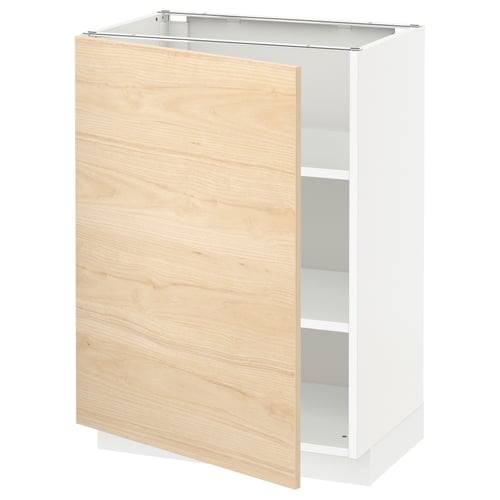 An ikea METOD kitchen cabinet. Its white with a light wood finish door, rectangular, and has one shelf inside.