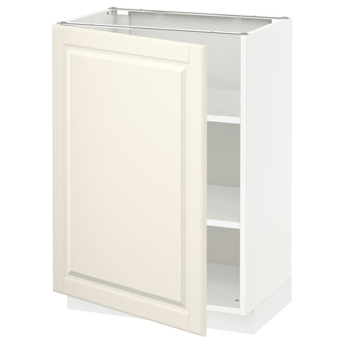 White off-white METOD cabinet with bevelled edges, white shelves, adjustable, modern traditional design.