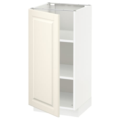 White kitchen cabinet, off-white door, square shape, traditional style, bevelled edges.