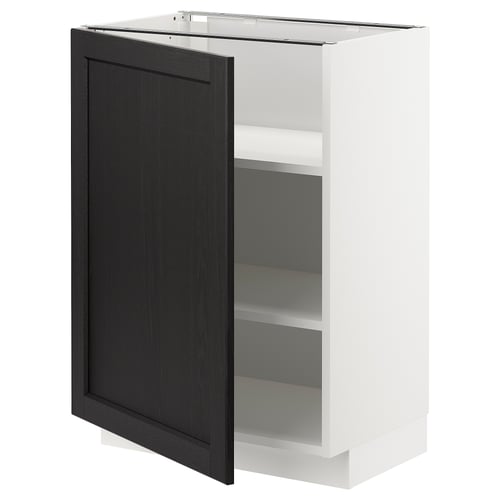 A white METOD kitchen cabinet with a black stained lerhyttan door featuring bevelled edges, offering a warm, traditional look.