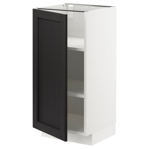 An open METOD kitchen cabinet with a black-stained lerhyttan door featuring bevelled edges. It has two adjustable shelves with a white frame.