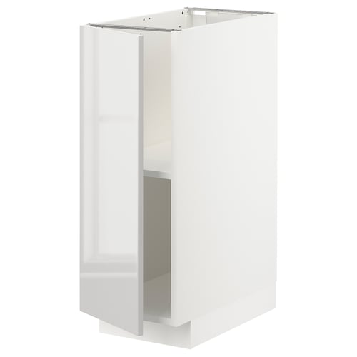 White high gloss kitchen cabinet, modern design, adjustable shelf, sleek handle-free look.