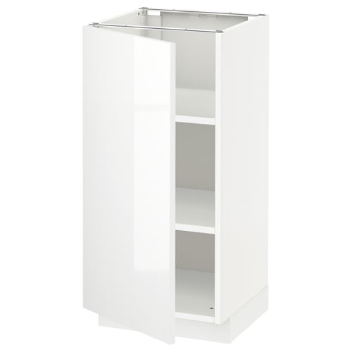 White high-gloss kitchen cabinet with adjustable shelves.