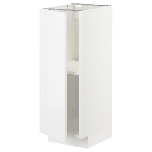 White METOD kitchen unit, glossy, modern, rectangular, adjustable shelves, with metal rail.