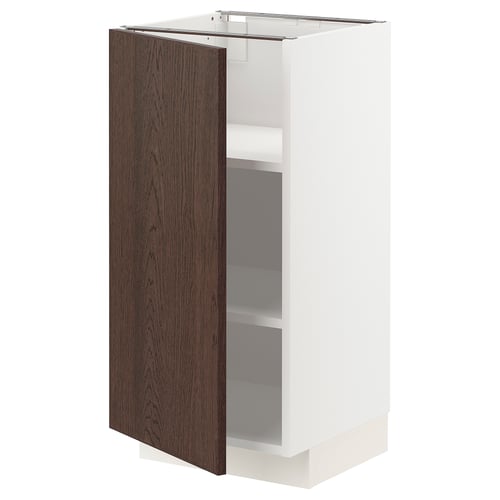 Open white cabinet with dark brown wood door, adjustable shelves.