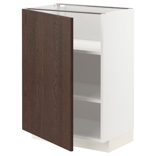 A white METOD kitchen cabinet with a dark brown door featuring oak veneer and solid wood edging. The design is sleek with adjustable shelves.