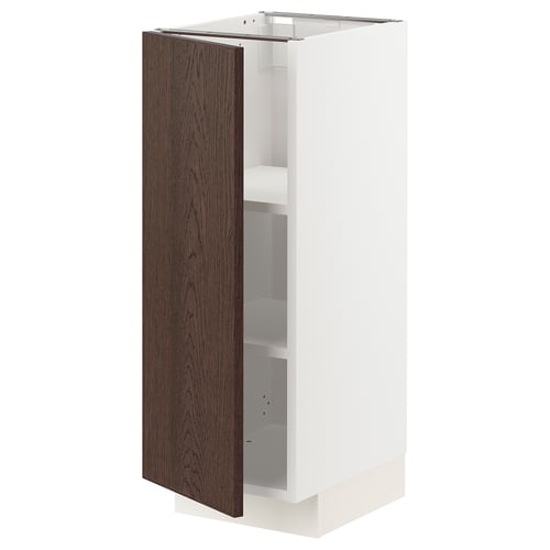 White METOD kitchen cabinet with dark brown door, oak veneer, adjustable shelves.