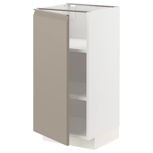 Modern kitchen cabinet in grey-beige with adjustable shelves.