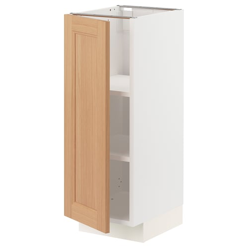 White kitchen cabinet with light oak door, adjustable shelves, and clean, simple design.