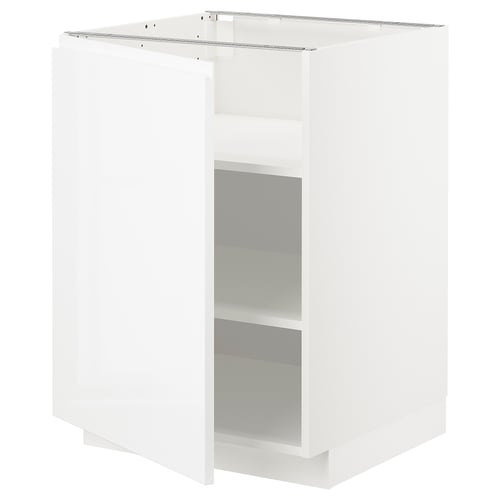 White high gloss kitchen cabinet with shelves, sleek modern design.