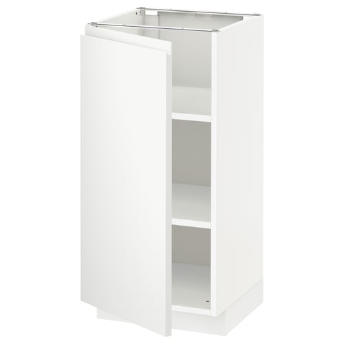 A white, modern storage cabinet with one open door revealing an empty shelf inside.