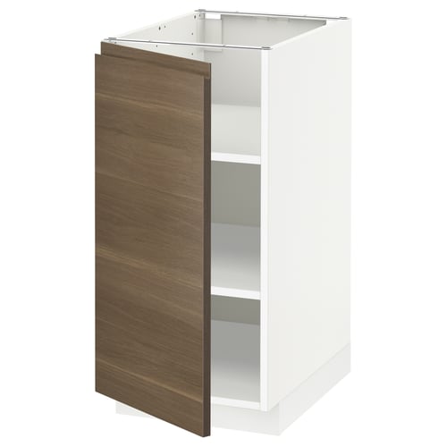 Displays a white and brown cabinet from the METOD kitchen system, featuring a dark walnut finish and minimalist design.
