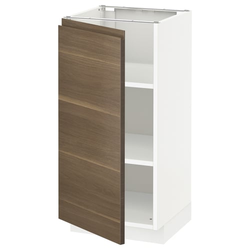 Modern white cabinet with walnut door, adjustable shelves, sleek design.